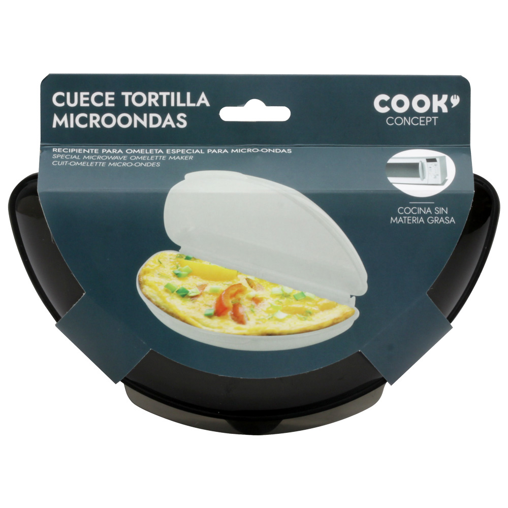 Contenedor para hacer tortillas al microondas. Negro con tapa transparente, mostrando una tortilla.