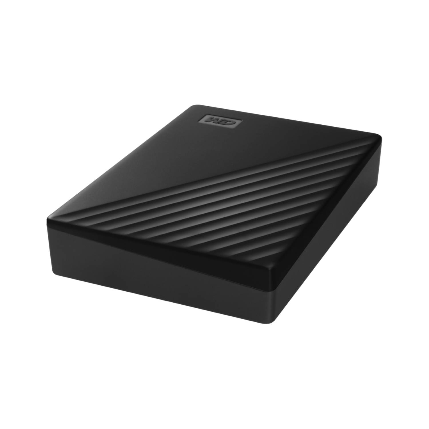 Un disco duro portátil negro con una parte superior texturizada y acabado mate.