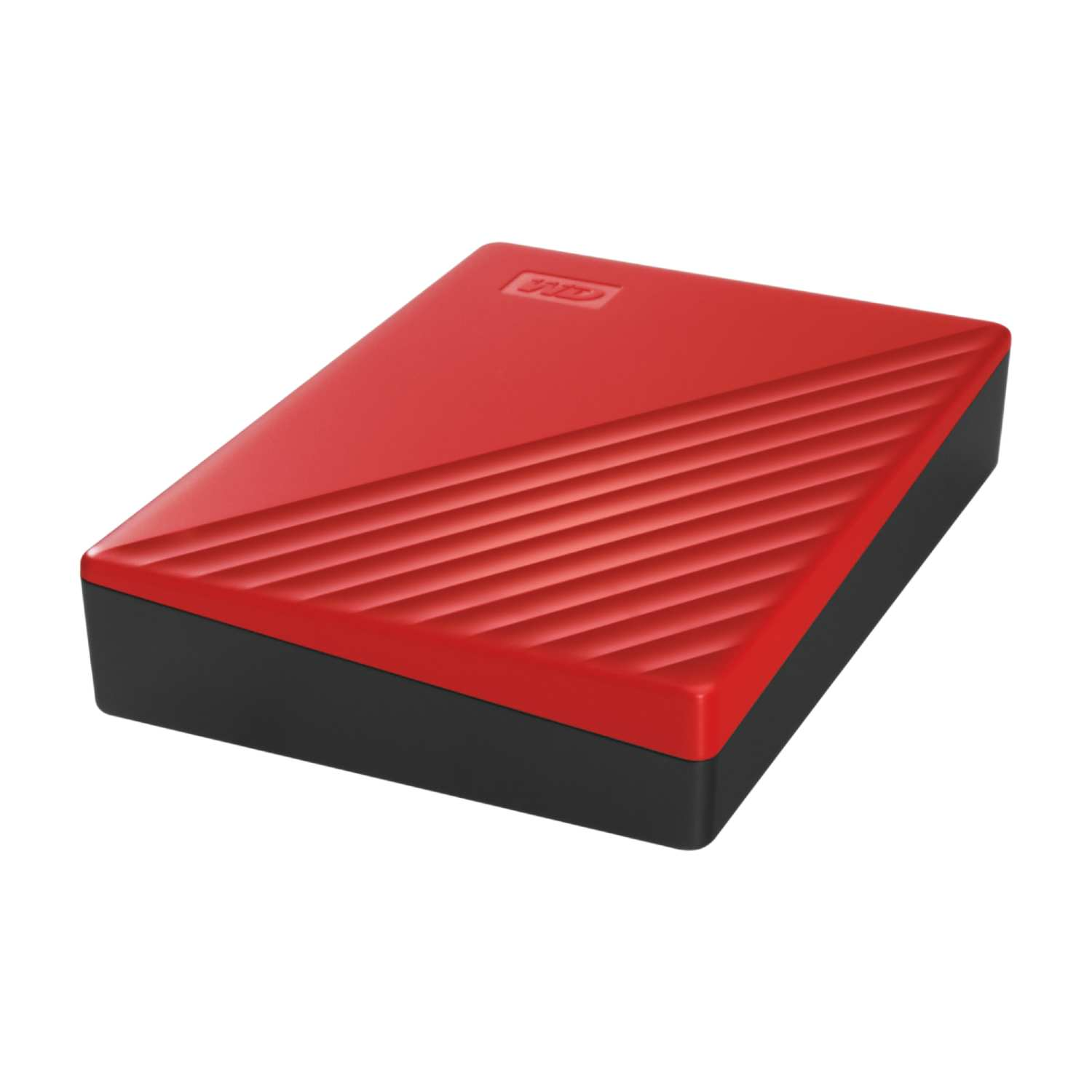 Disco duro externo rojo y negro. Tapa roja texturizada, base negra. Vista en ángulo.