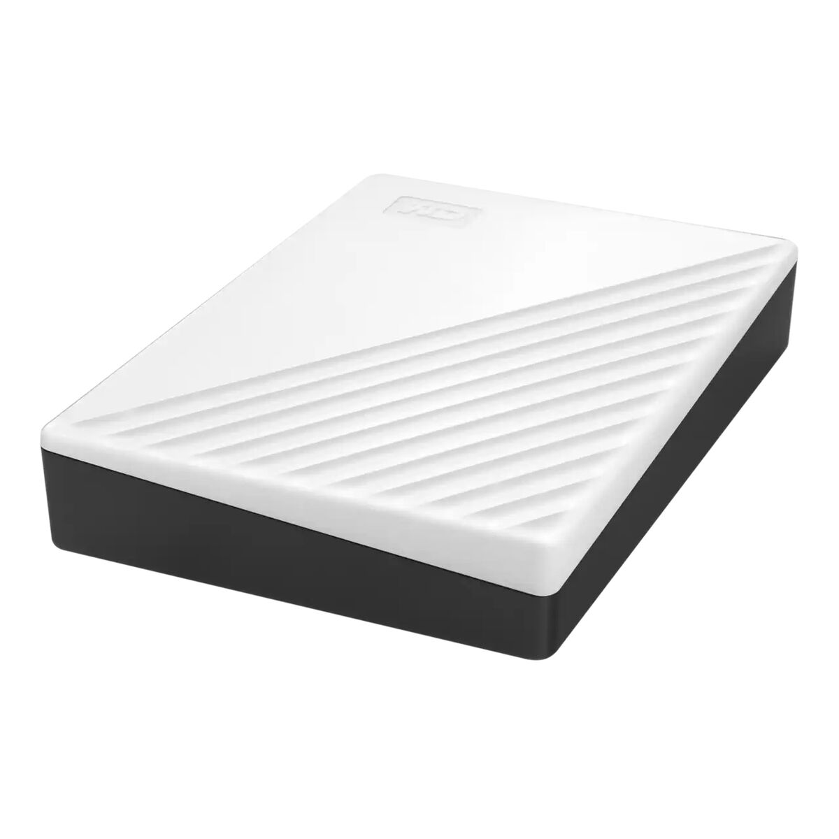 Disco duro externo blanco y negro, logo WD visible.