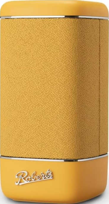 Haut-parleur jaune avec des accents argentés et le logo 'Roberts'. Forme cylindrique avec des extrémités arrondies.