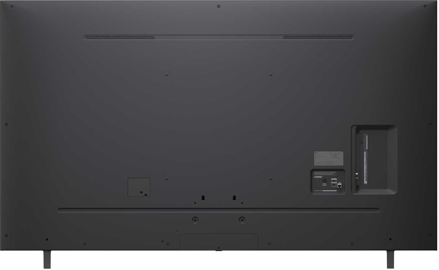 Die Rückseite eines schwarzen Fernsehers mit sichtbaren Anschlüssen und Steckern, einschließlich HDMI und USB.