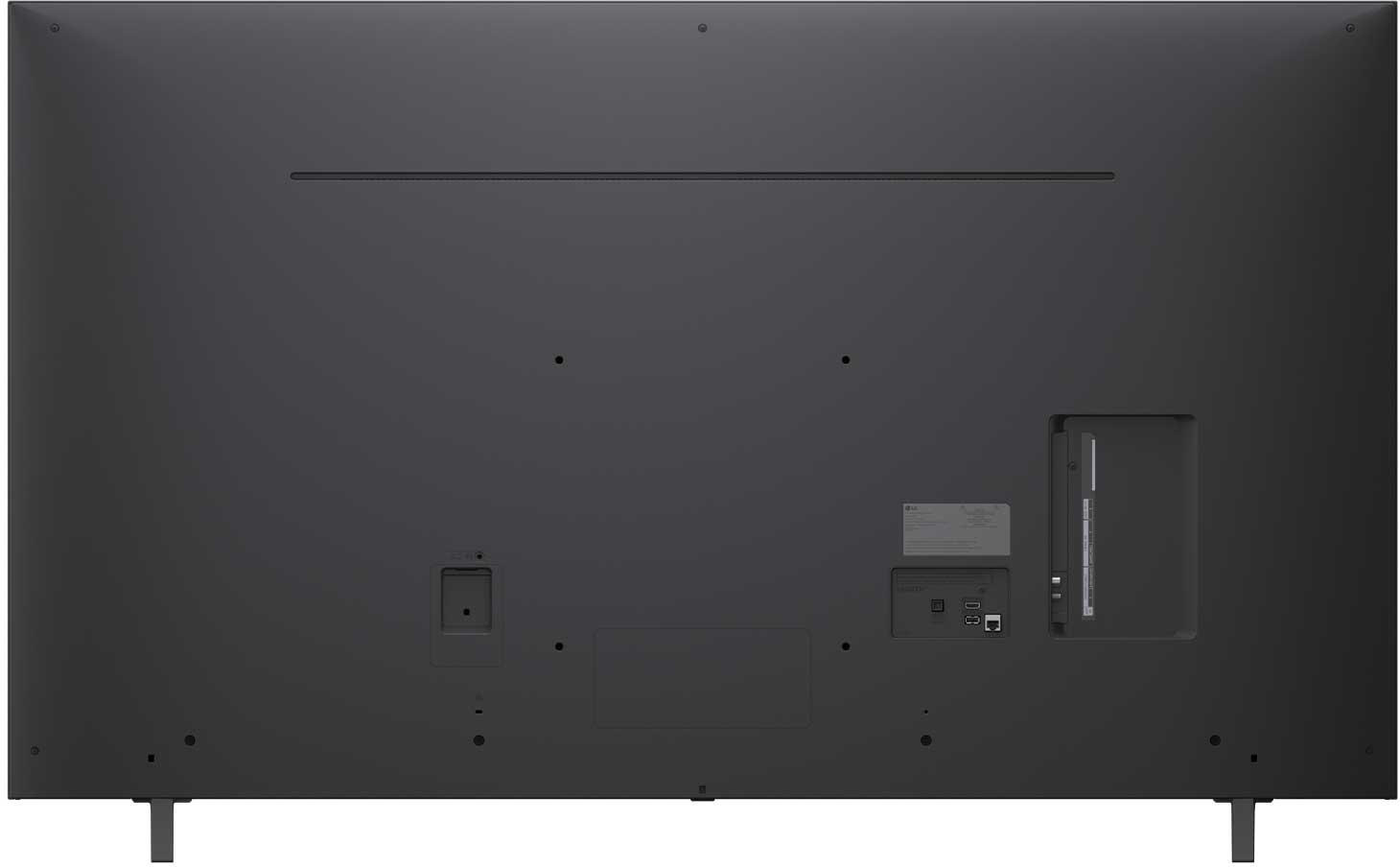 Rückseite eines dunkelgrauen LG-Fernsehers. Er hat verschiedene Anschlüsse und Verbindungspunkte.