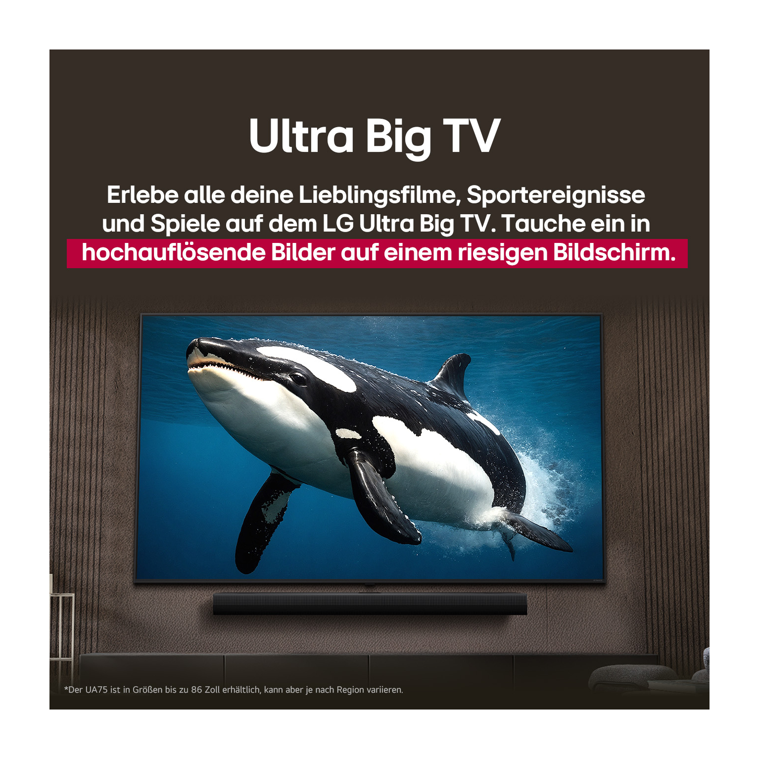 Ein LG Ultra Big TV, der ein Bild eines Orcas unter Wasser zeigt. Der Text ist auf Deutsch.