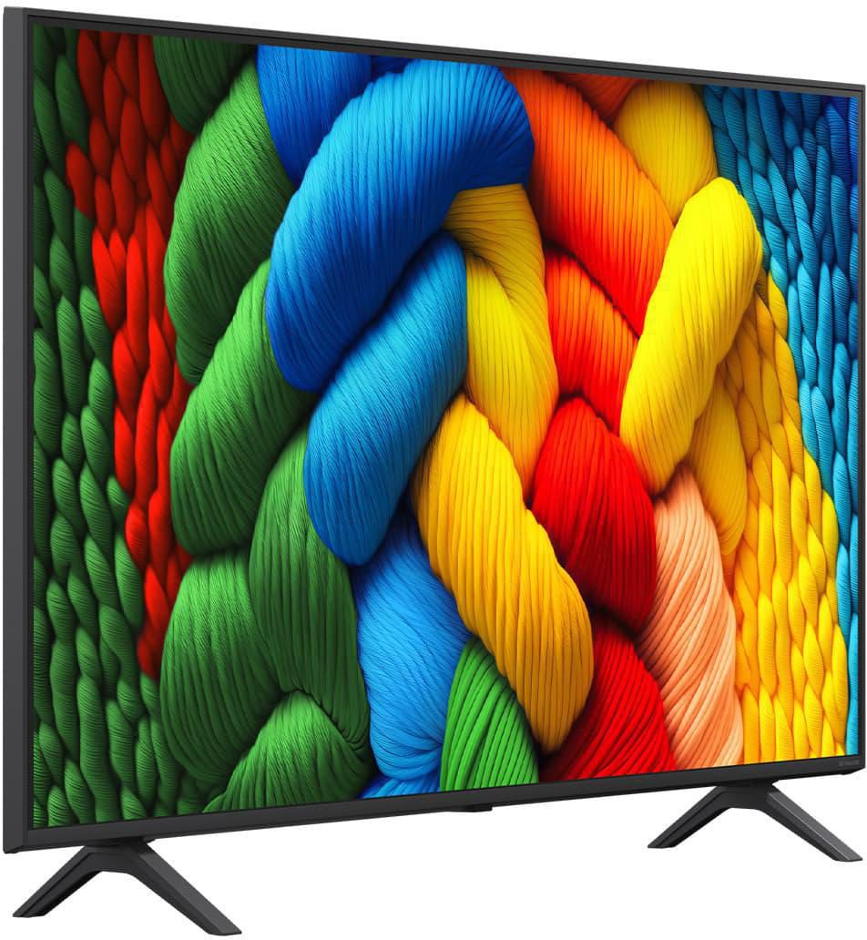 Ein Flachbildfernseher mit bunten Seilen als Display, schwarzem Rahmen und Beinen.