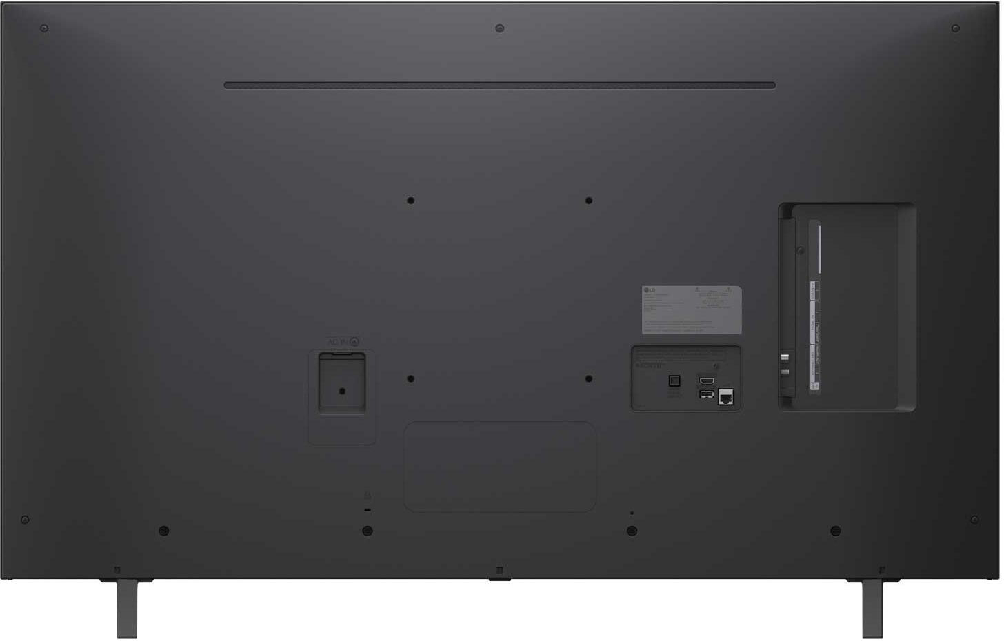 Rückseite eines schwarzen Fernsehers mit Anschlüssen, einschließlich HDMI und USB, und Standfußbeinen.