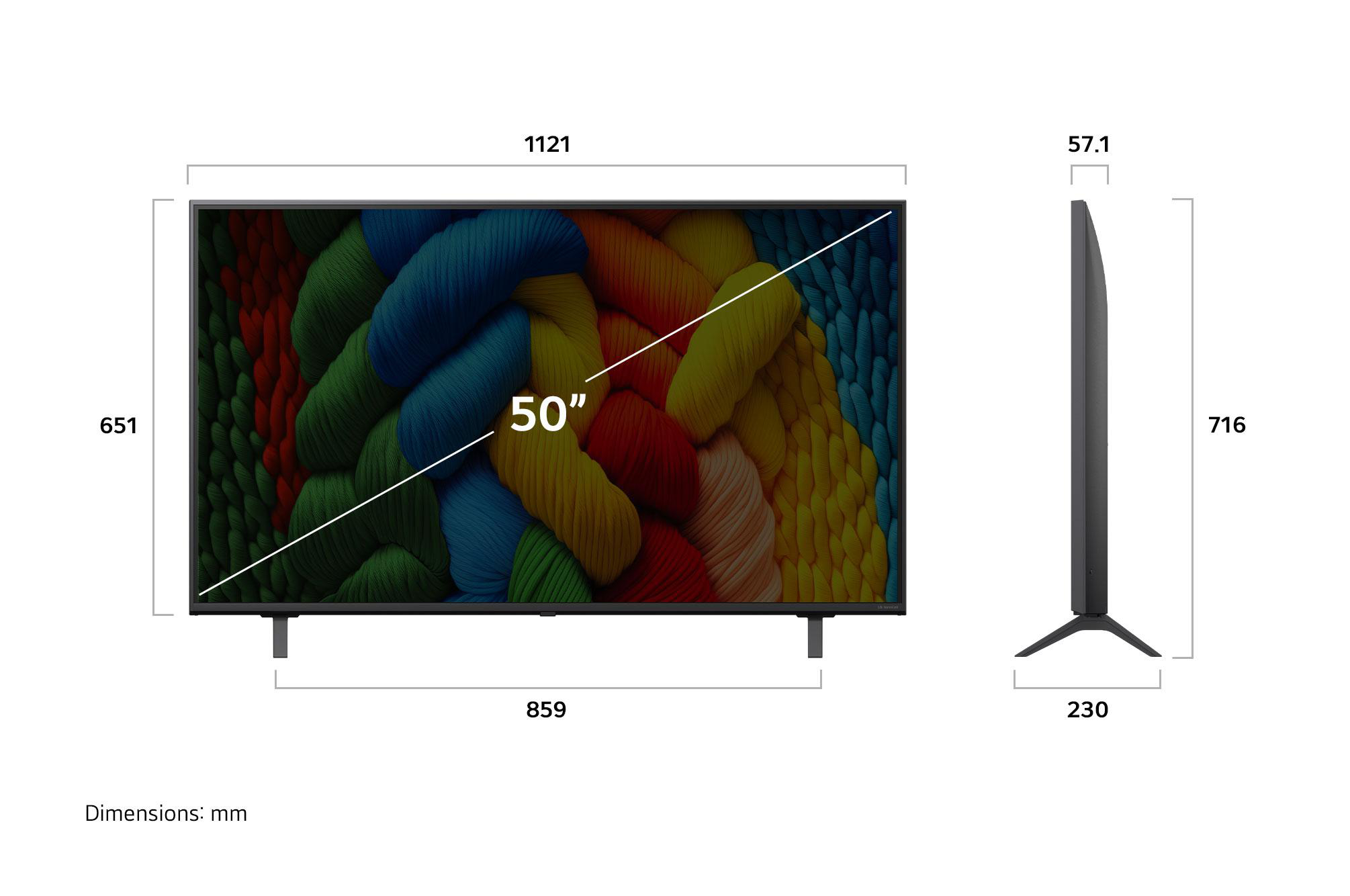 Diagramm eines 50-Zoll-Fernsehers mit beschrifteten Abmessungen: Breite, Höhe und Tiefe in mm.