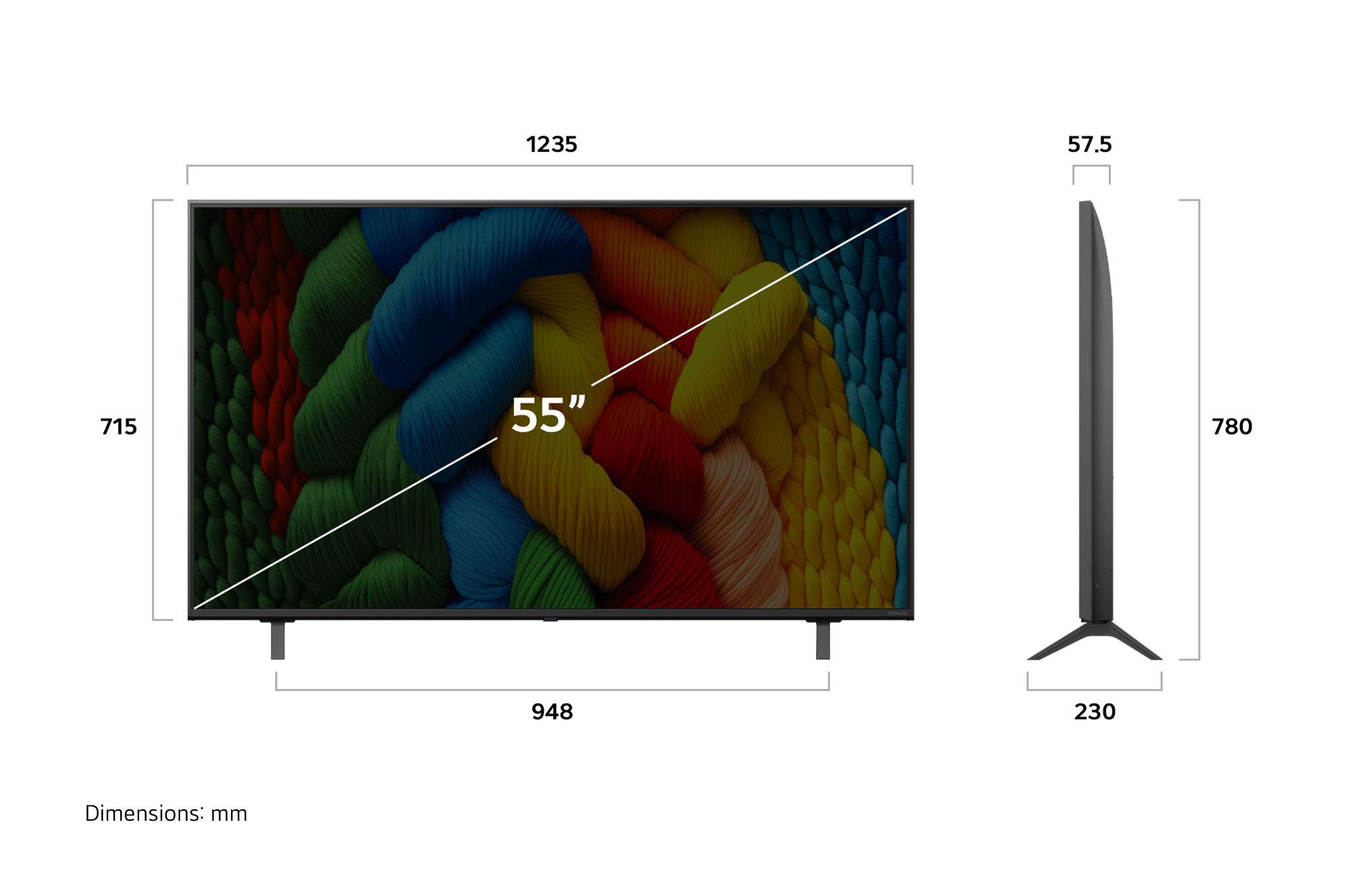 Ein 55-Zoll-Fernseher mit angegebenen Abmessungen. Der Bildschirm zeigt ein farbenfrohes, abstraktes Bild. Maße in mm.