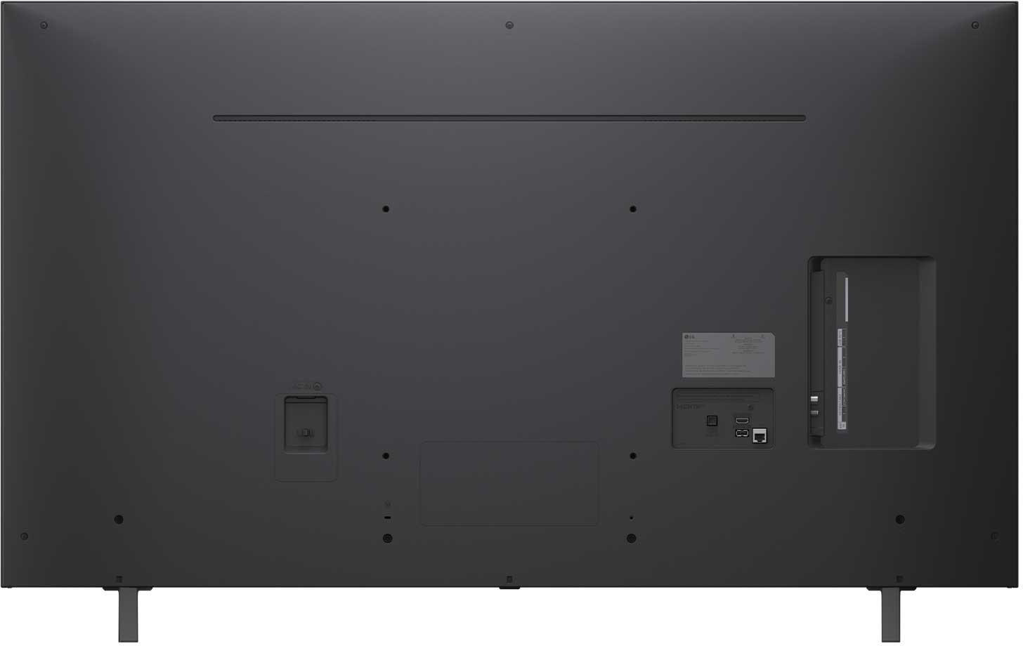 Rückseite eines dunkelgrauen Fernsehers mit Anschlüssen, einschließlich HDMI und anderen Etiketten, zwei Füße.