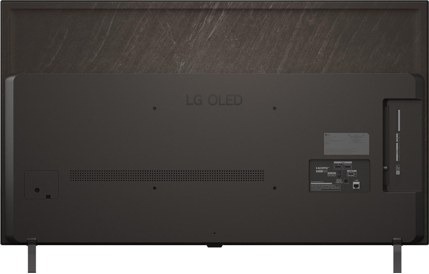 Rückseite eines schwarzen LG OLED-Fernsehers mit Anschlüssen und einer strukturierten Wand.