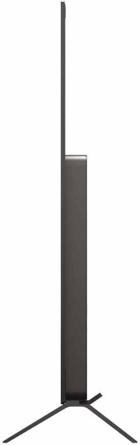 Seitenansicht eines schlanken, dunkel gefärbten Fernsehers, der auf einem Ständer montiert ist.