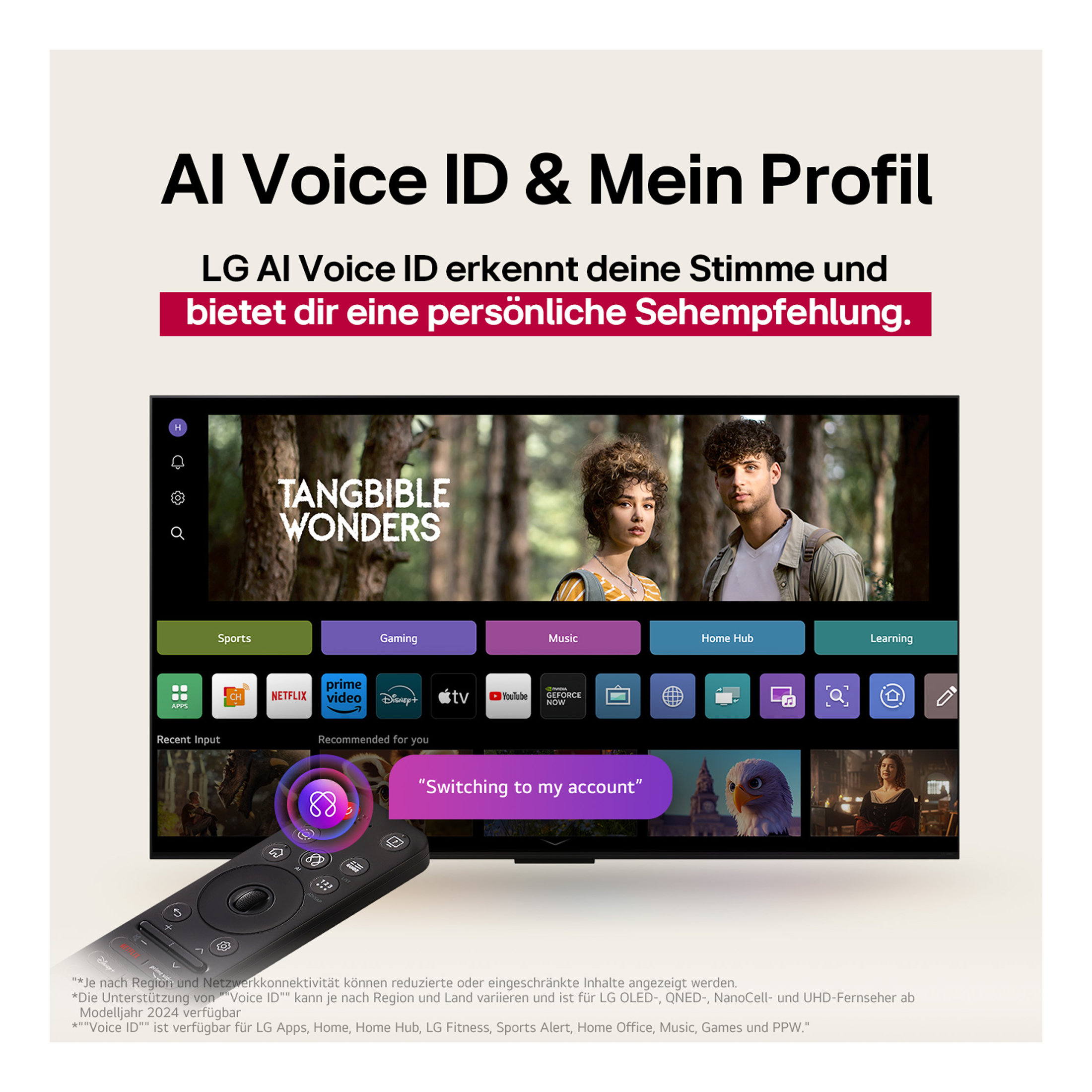 LG TV zeigt AI Voice ID & Profil Funktionen. Eine Fernbedienung ist im Vordergrund. Im Hintergrund eine Waldszene.