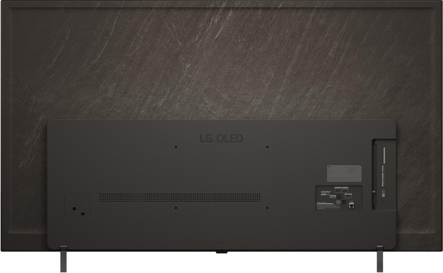 Rückseite eines LG OLED-Fernsehers. Dunkelgrau mit Anschlüssen, dem LG OLED-Logo und Metallbeinen auf strukturiertem, grauem Hintergrund.