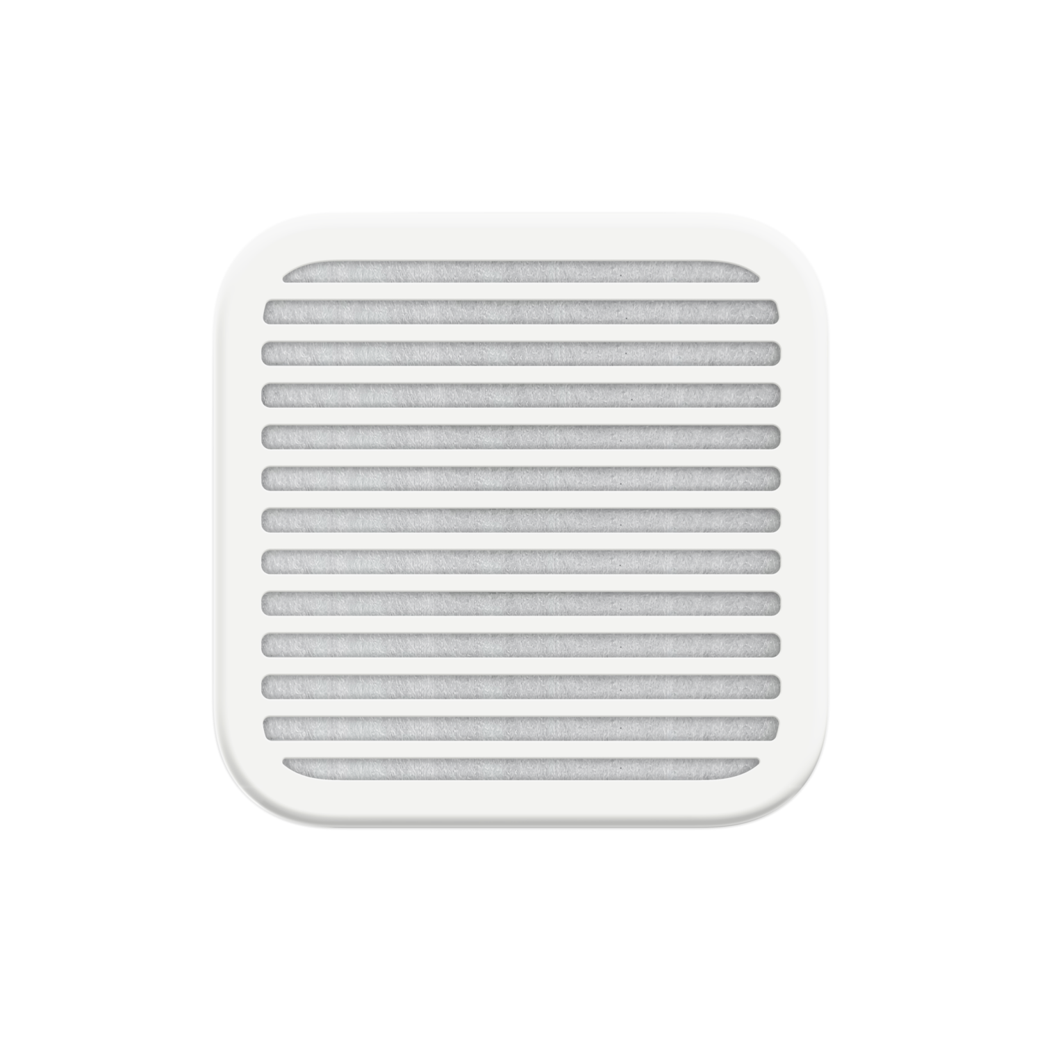 A white square with rounded corners and horizontal slits. The background is solid black.