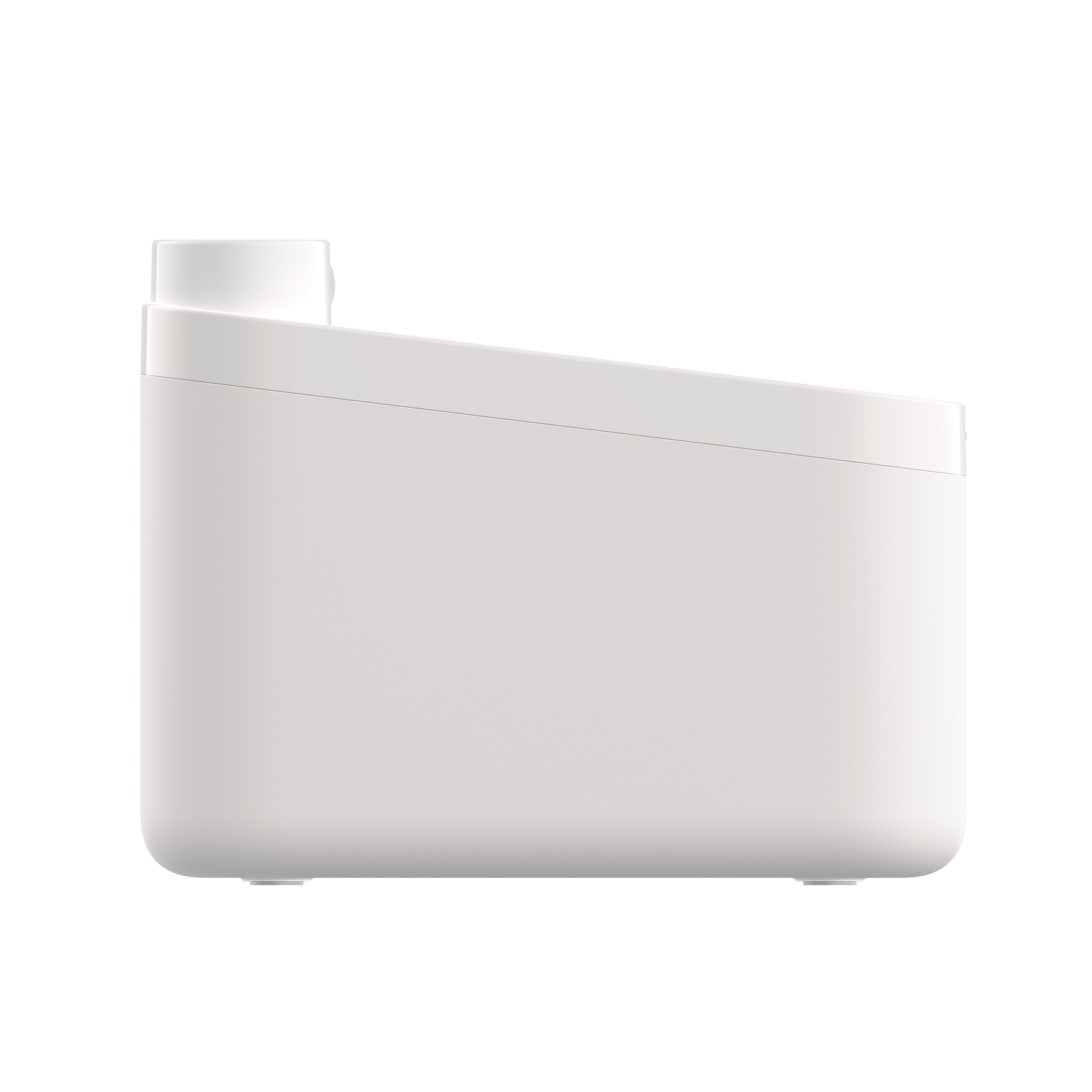 A white, rectangular appliance with a rounded top and small cylindrical element on top.