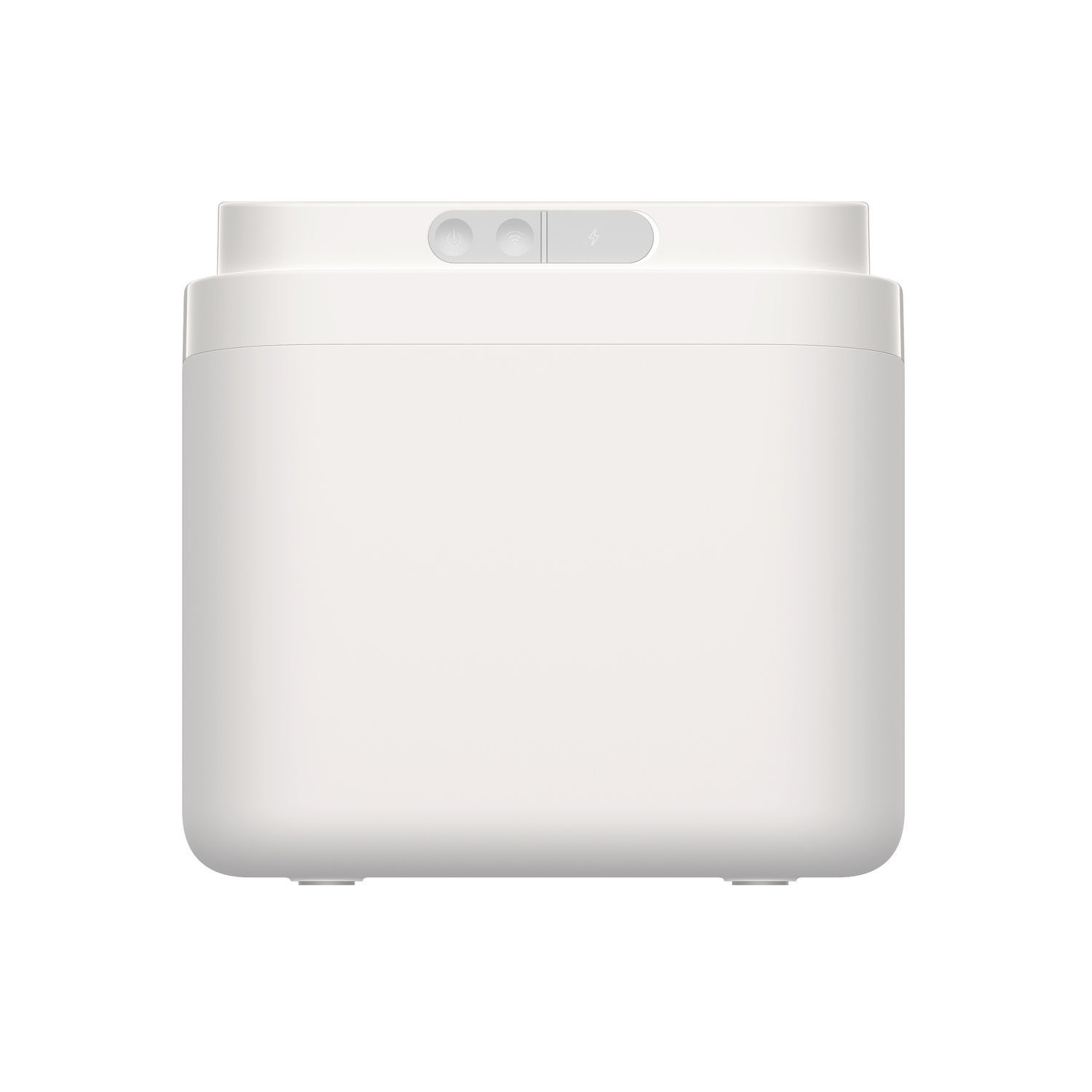 White device with buttons on top. It has a square shape. Buttons are at the top.