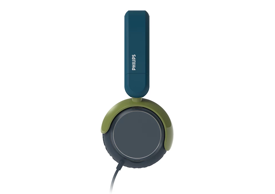 Grüne und blaue Philips Kopfhörer, Seitenansicht.
