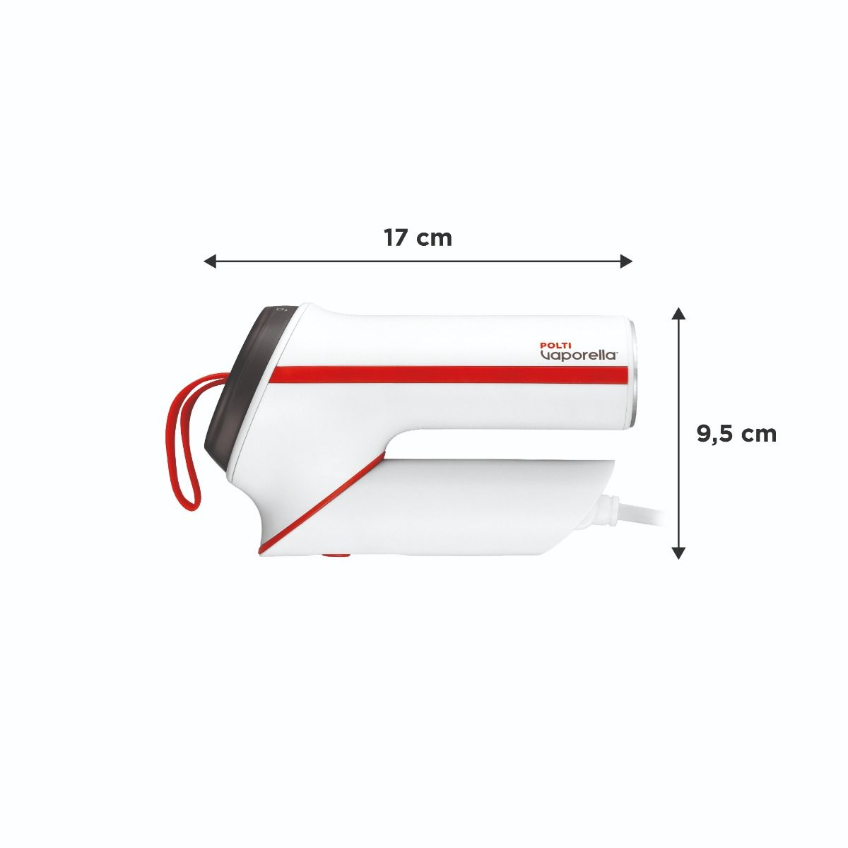 Una plancha de vapor portátil blanca y roja, con dimensiones de 17 cm y 9,5 cm, y un cable rojo.