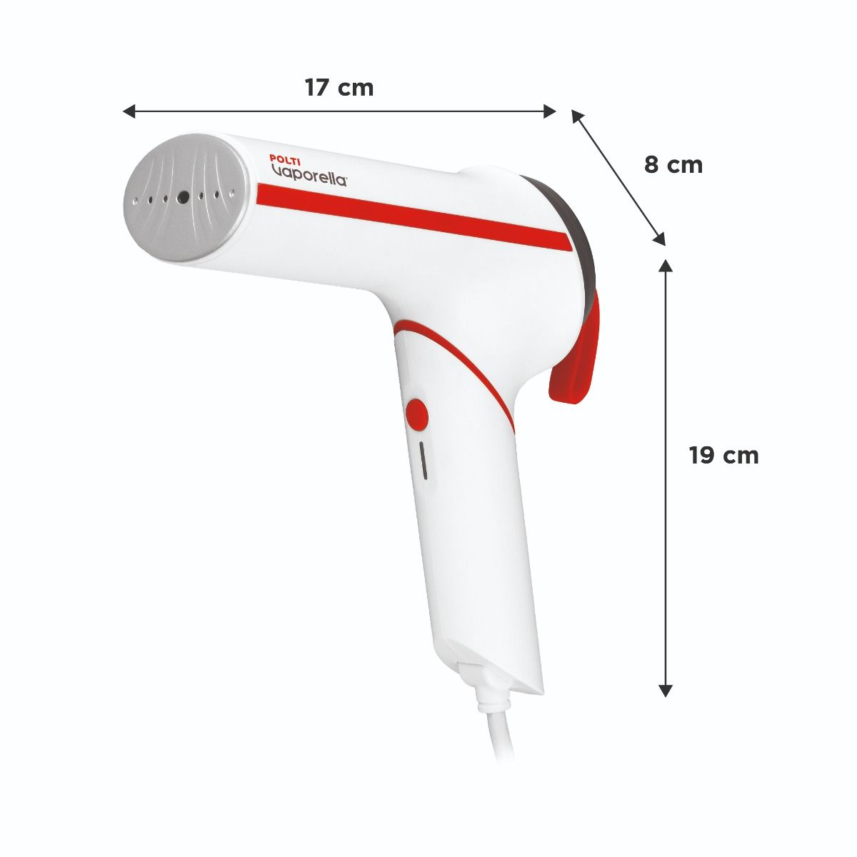 Vaporizador de ropa blanco y rojo con dimensiones etiquetadas en la imagen.