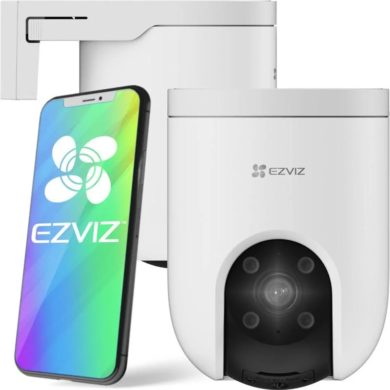 Cámara de seguridad EZVIZ blanca y teléfono con el logotipo de EZVIZ en la pantalla. La cámara tiene una lente negra y un soporte.