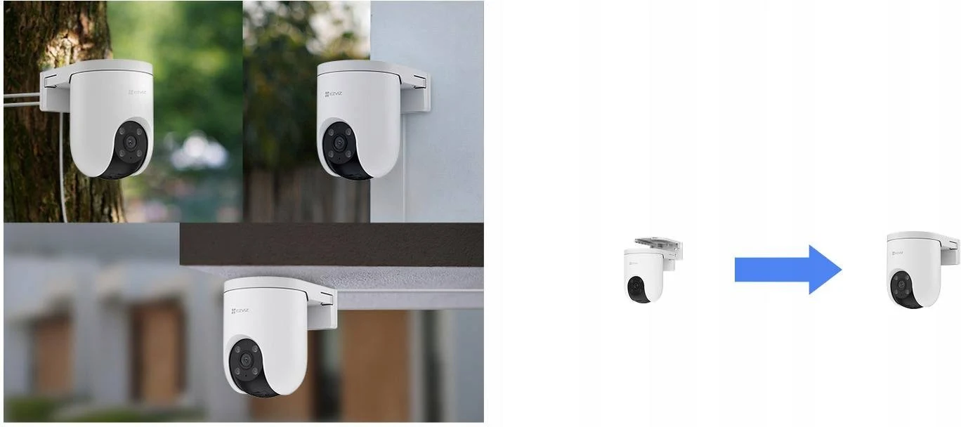 Cámaras de seguridad blancas montadas en varias superficies, con una comparación de tamaños.
