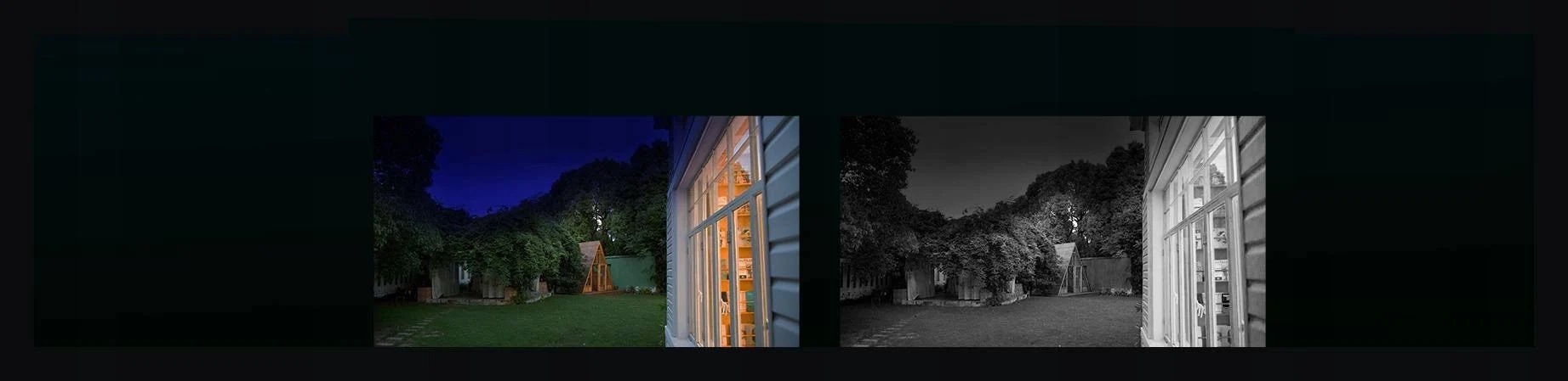 Dos imágenes: una de noche y una casa en blanco y negro.