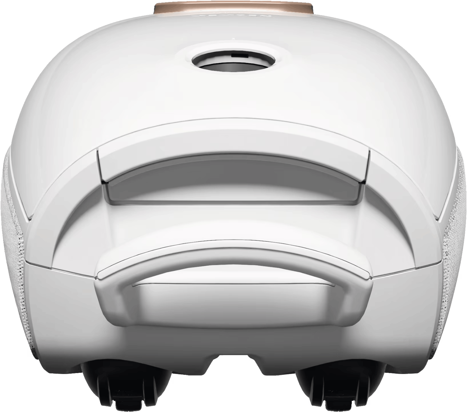 Un producto blanco y redondeado con un asa, probablemente un altavoz o dispositivo similar.