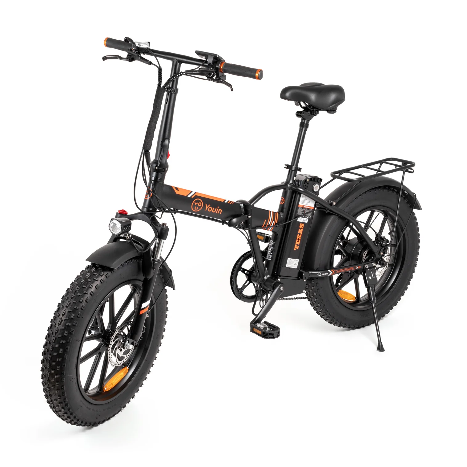 Bicicleta eléctrica Youin Texas negra y naranja sobre blanco. Neumáticos anchos y cuadro negro.