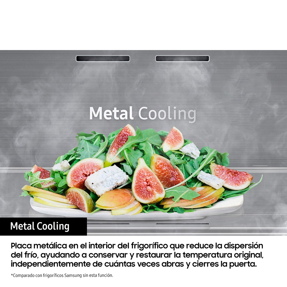 Comida en nevera. Higos y ensalada de rúcula. Texto Metal Cooling visible. Plato blanco.