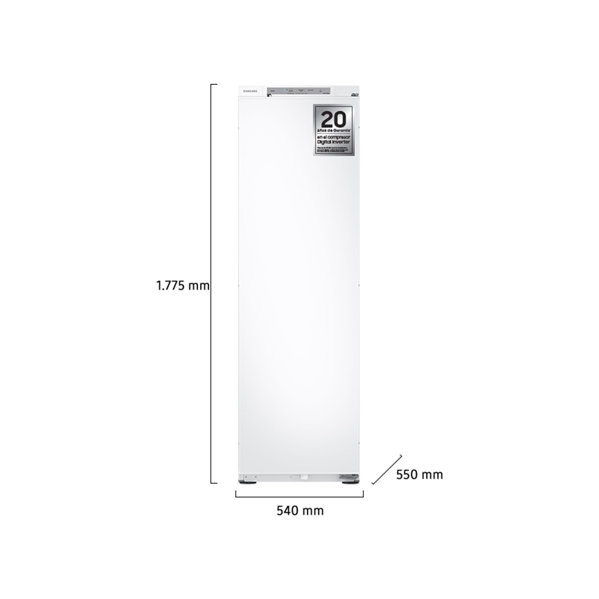Refrigerador blanco con dimensiones en mm. La etiqueta dice 20 años de garantía.