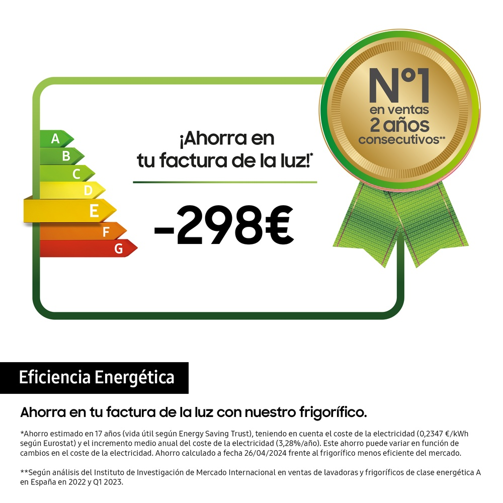 Una etiqueta de eficiencia energética con clasificaciones A-G. Una insignia verde y dorada dice: 'N.º 1 en ventas durante 2 años consecutivos'.