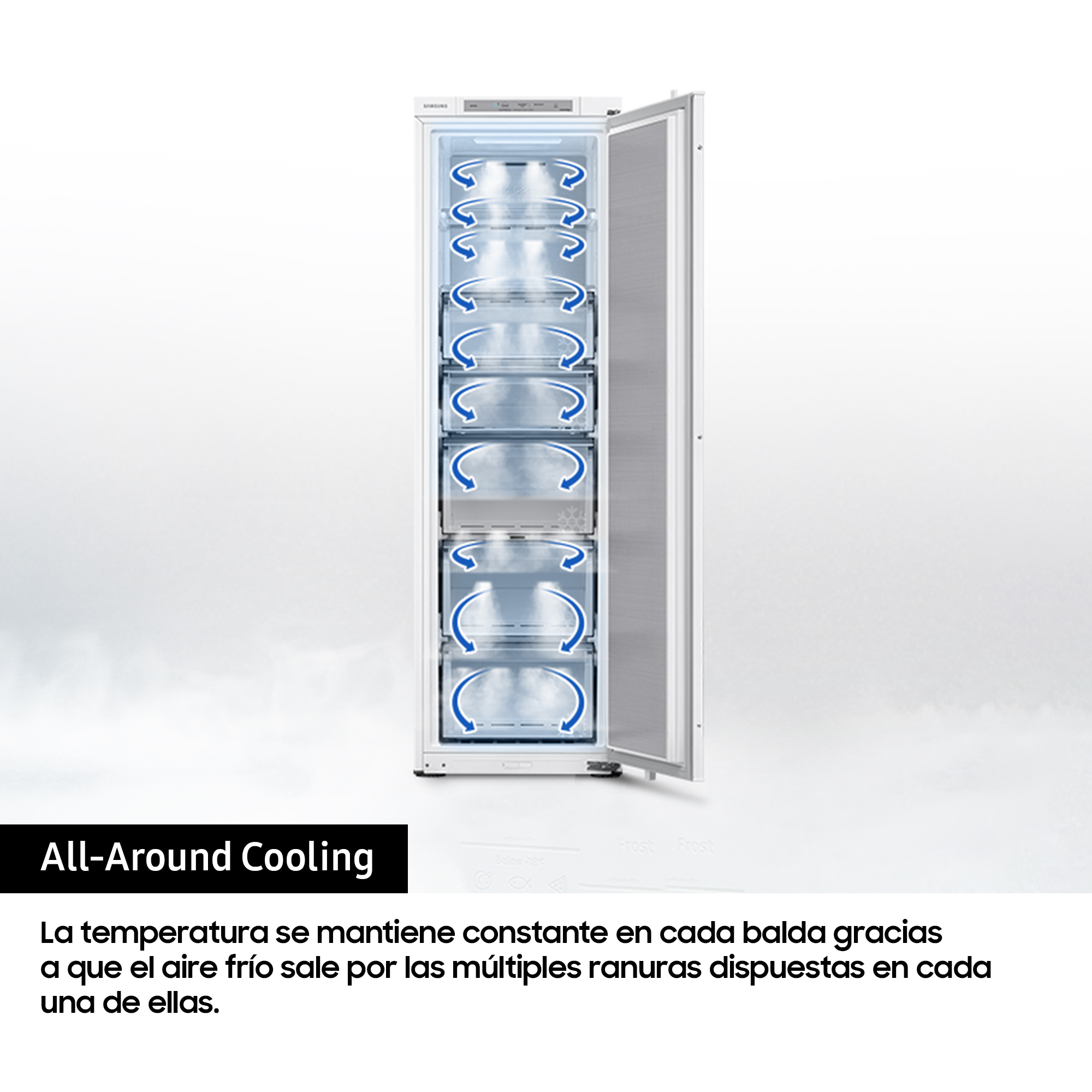 Refrigerador con puerta abierta, mostrando estantes y ventilación.