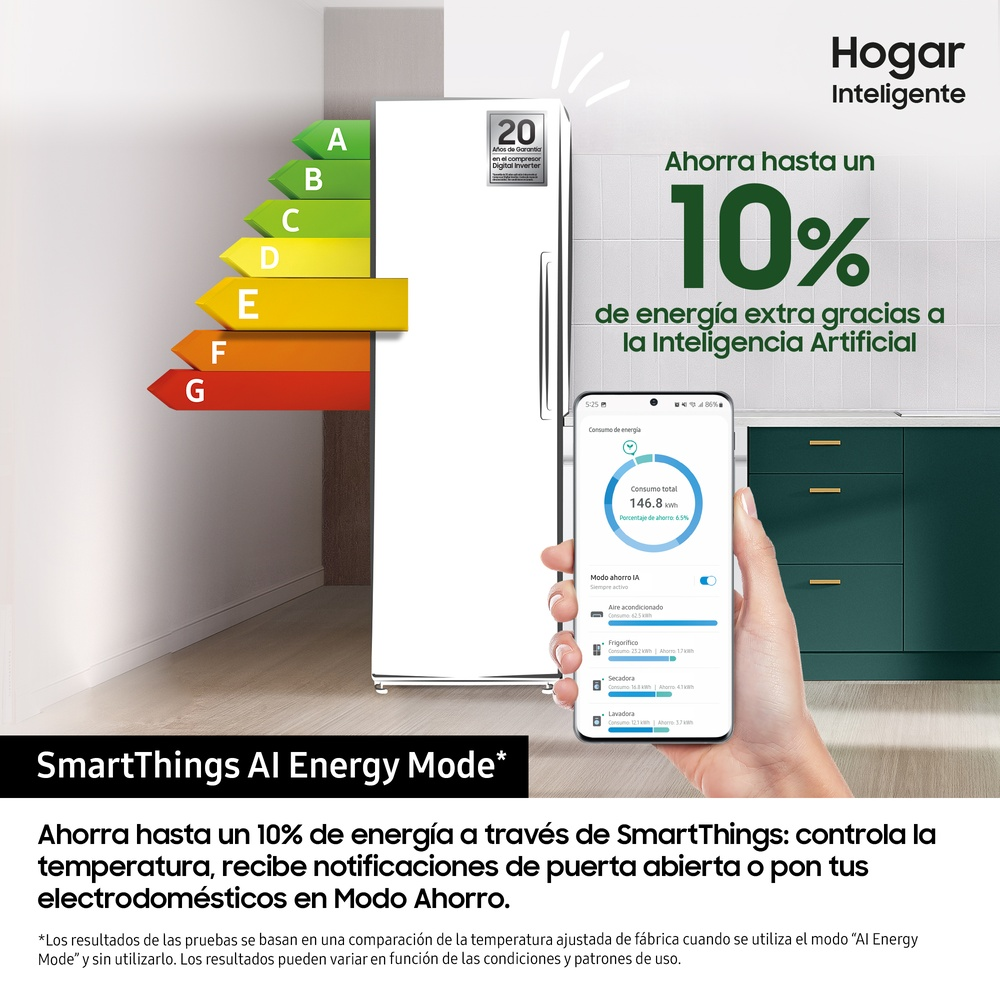 Anuncio de SmartThings AI Energy Mode. Refrigerador, teléfono y gráfico de eficiencia energética.