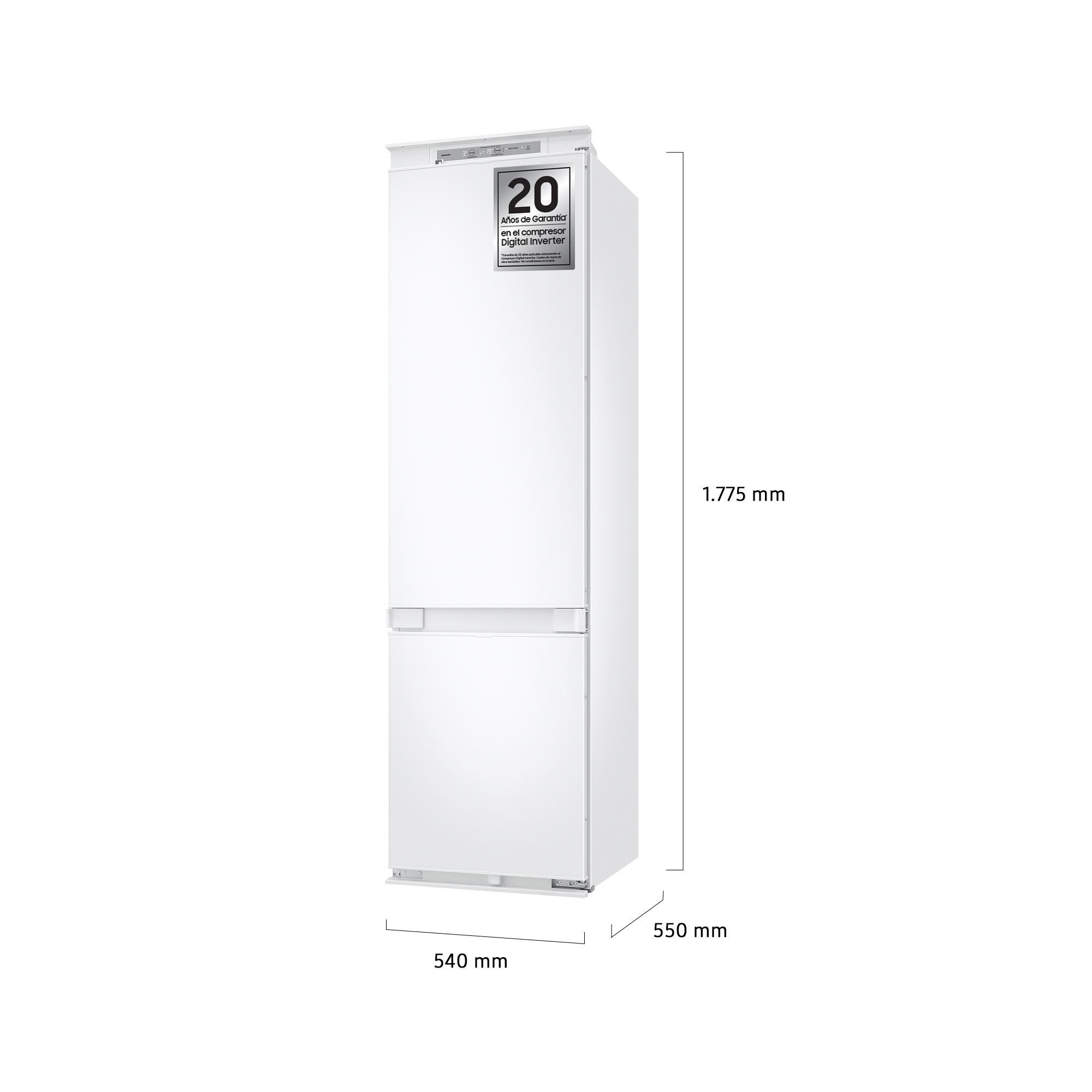 Un refrigerador Samsung blanco con cajón congelador y dimensiones sobre fondo blanco.