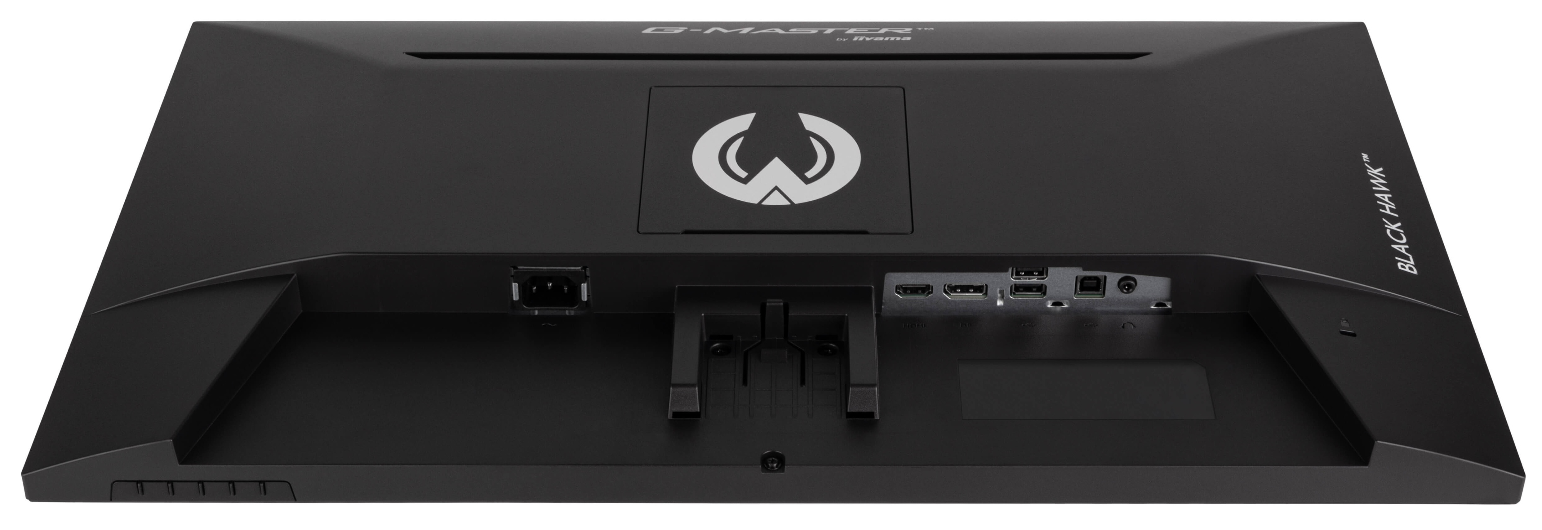 Tył czarnego monitora, prezentujący różne porty i połączenia.