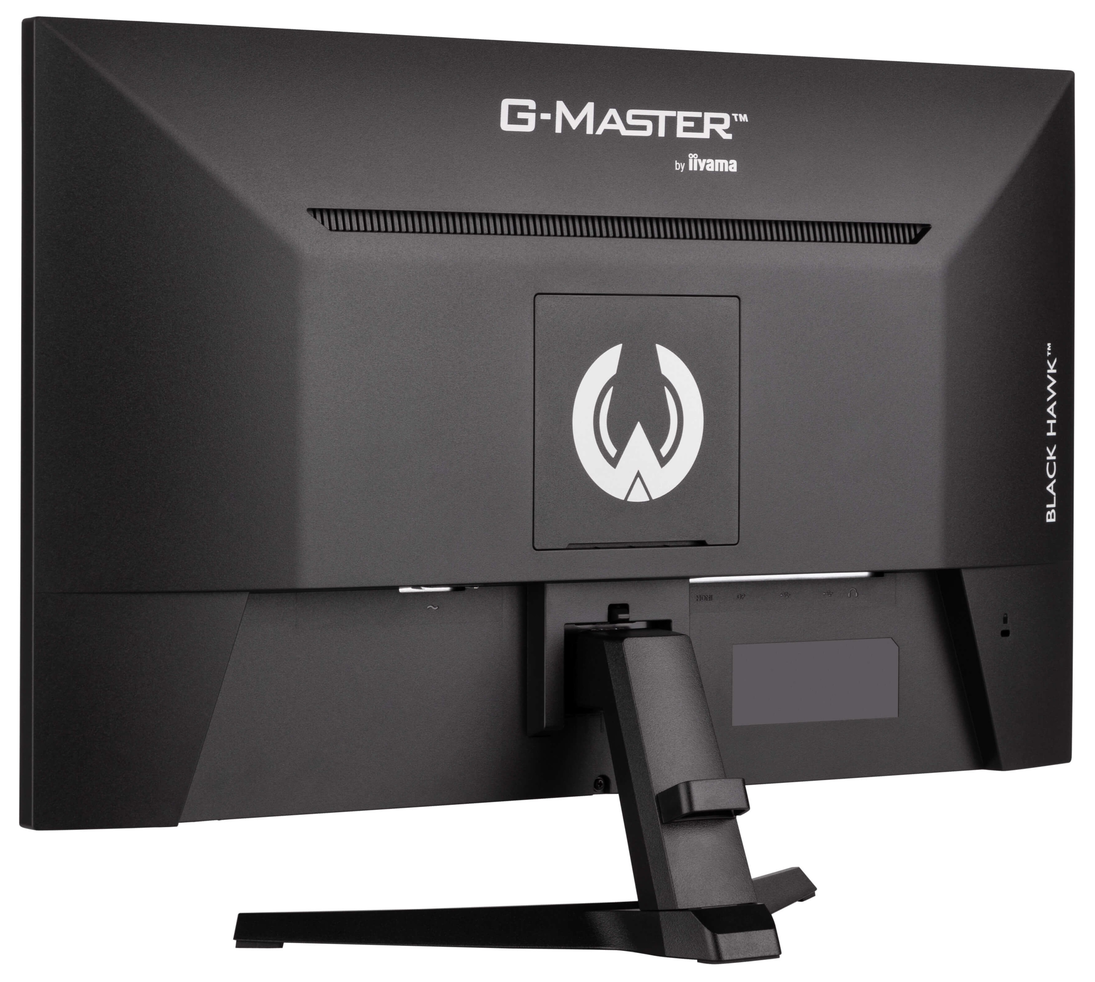 Tył czarnego monitora. Monitor ma podstawkę, a logo znajduje się pośrodku.