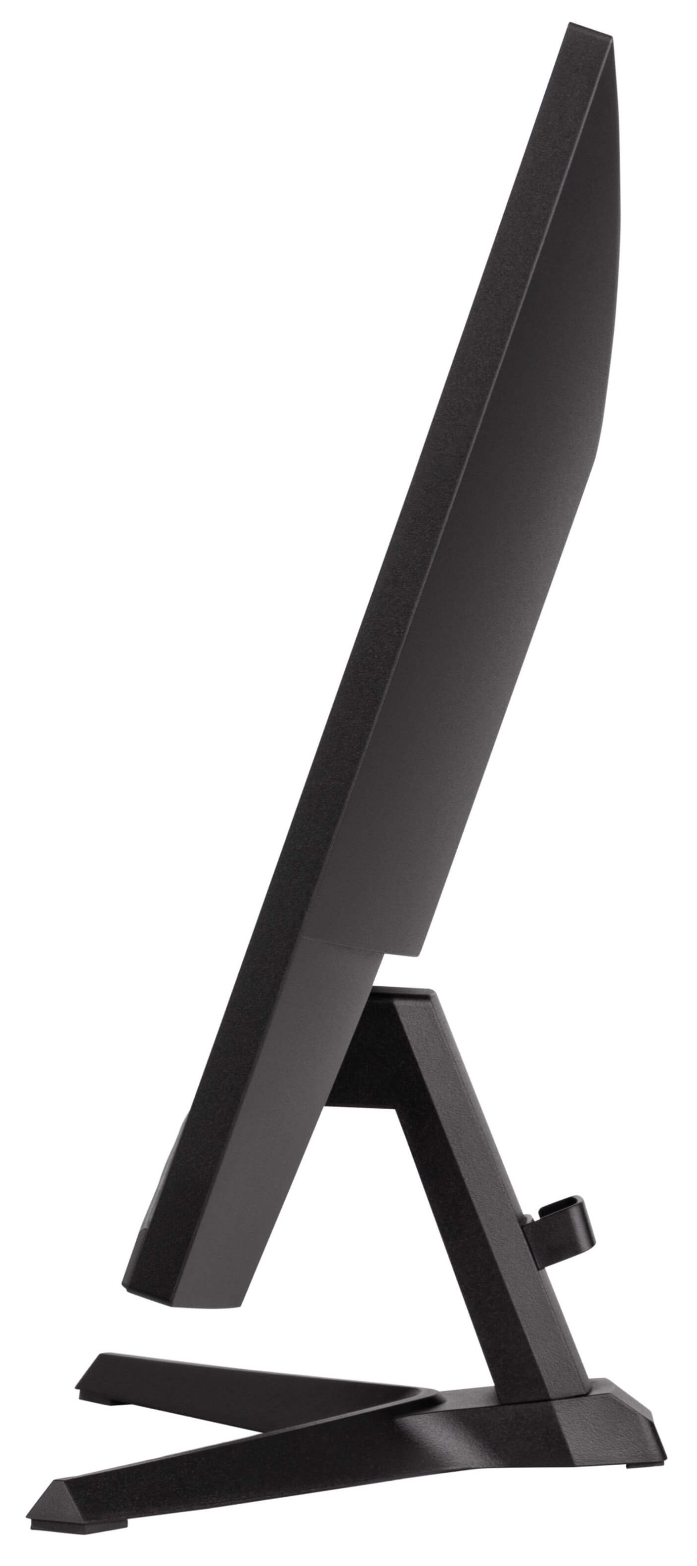 Czarny monitor komputera, widok z boku, czarna podstawa i tył.