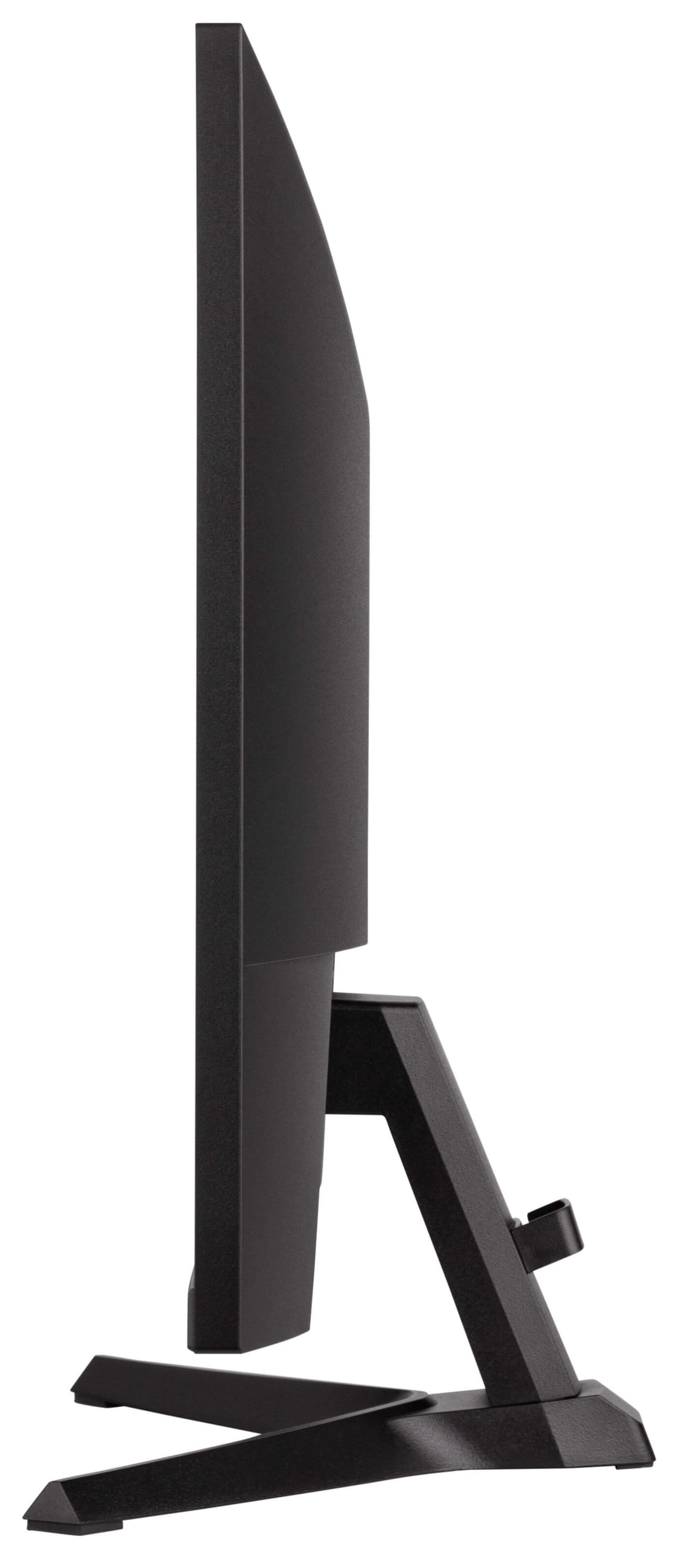 Widok z boku czarnego monitora komputerowego na stojaku. Ekran jest czarny, a monitor smukły i nowoczesny.