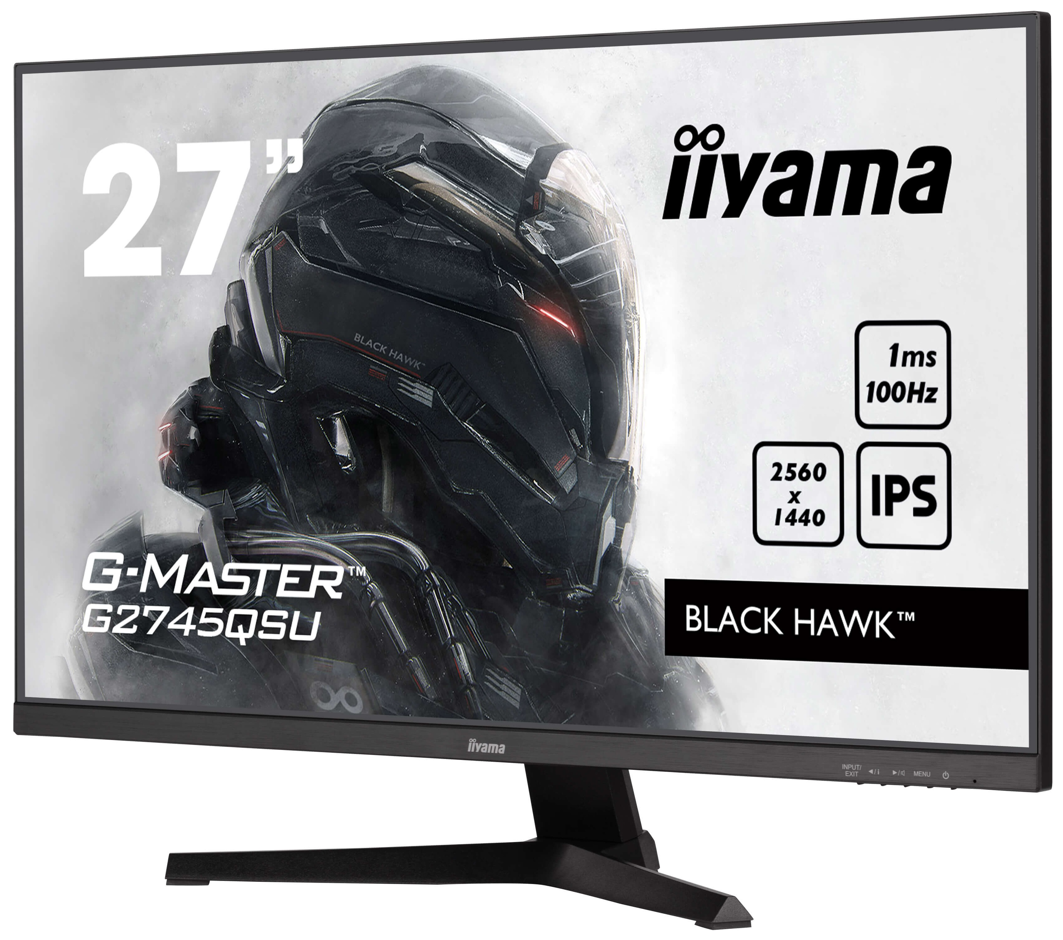 27-calowy czarny monitor wyświetla obraz z gry. Teksty: 27, 1ms 100Hz, 2560x1440 IPS, Black Hawk i iiyama.