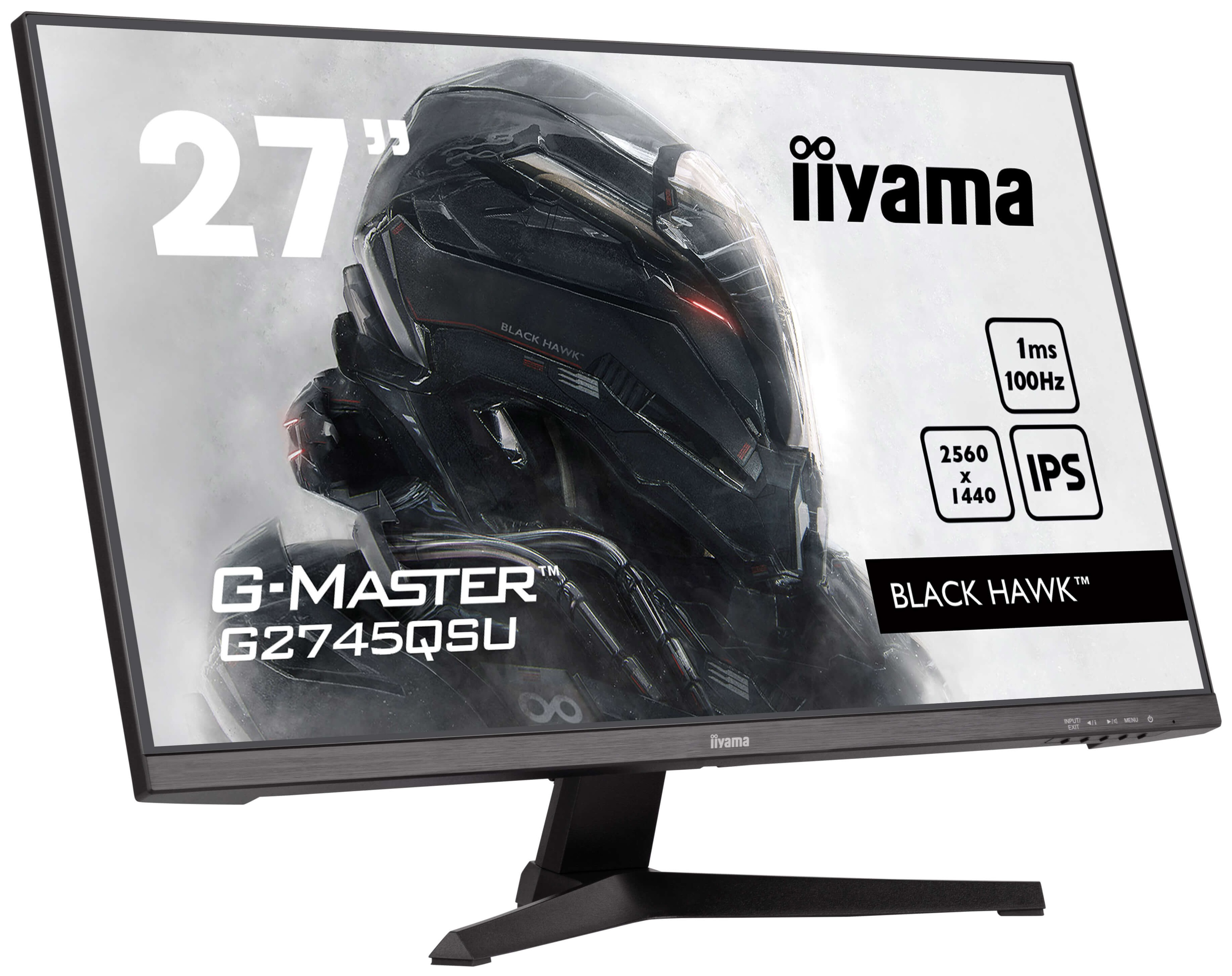 27-calowy monitor iiyama pokazujący grę. Monitor jest czarny i wyświetla specyfikacje techniczne.