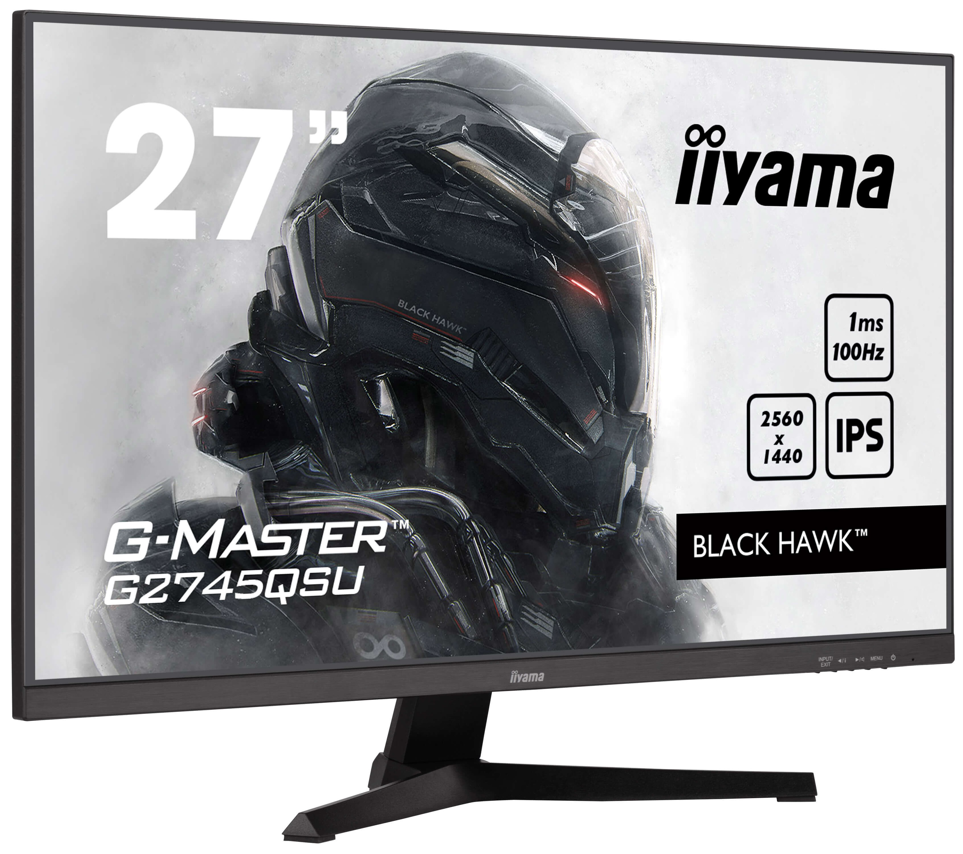 Monitor 27" z designem Black Hawk, specyfikacjami i logo iiyama.
