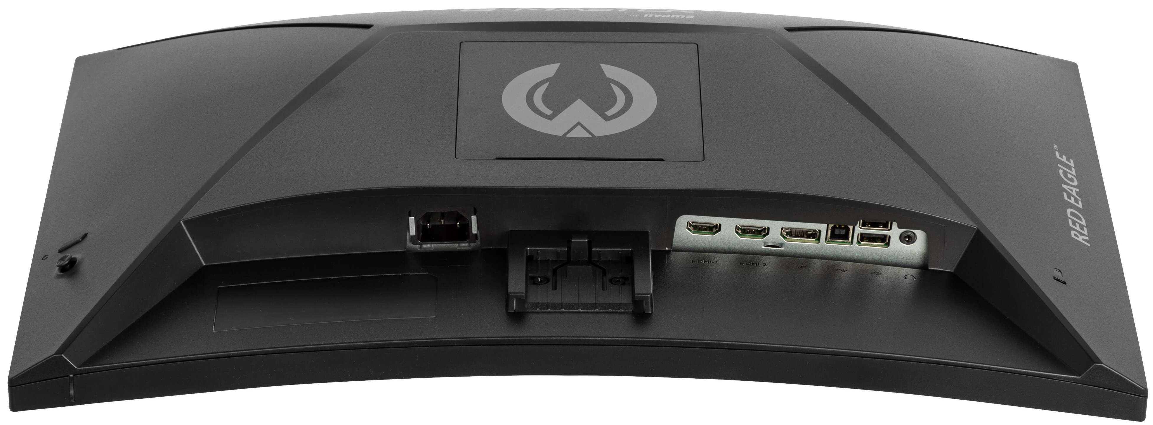 Widok z tyłu zakrzywionego, czarnego monitora do gier z portami i złączami.