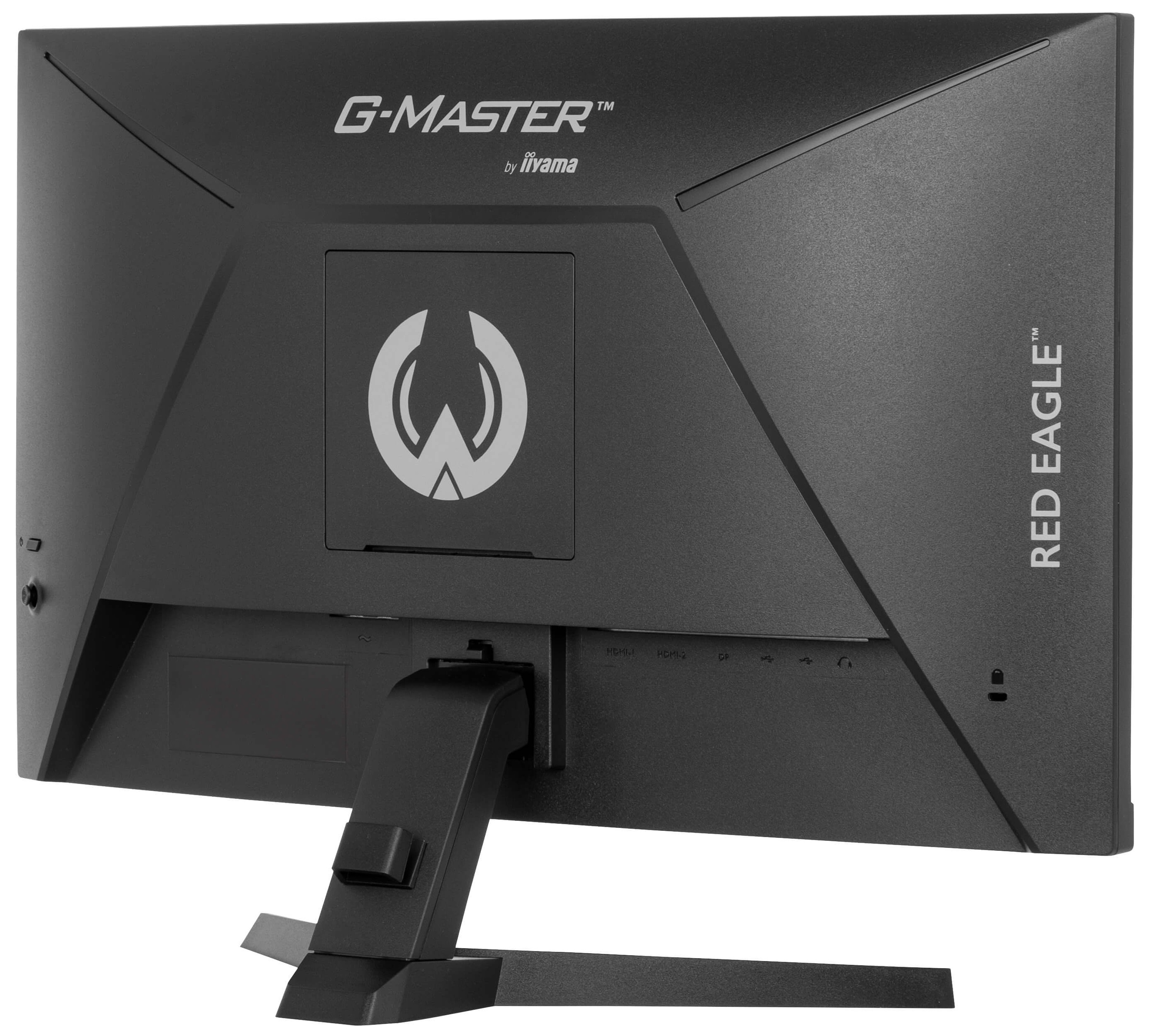 Tył czarnego monitora komputerowego z marką 'G-MASTER'. Monitor stoi na czarnym stojaku.