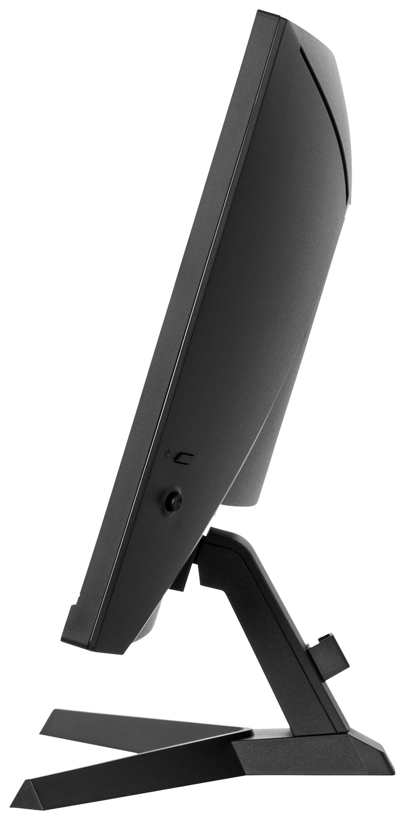 Czarny monitor komputera z czarną podstawą. Monitor jest ustawiony pod kątem.