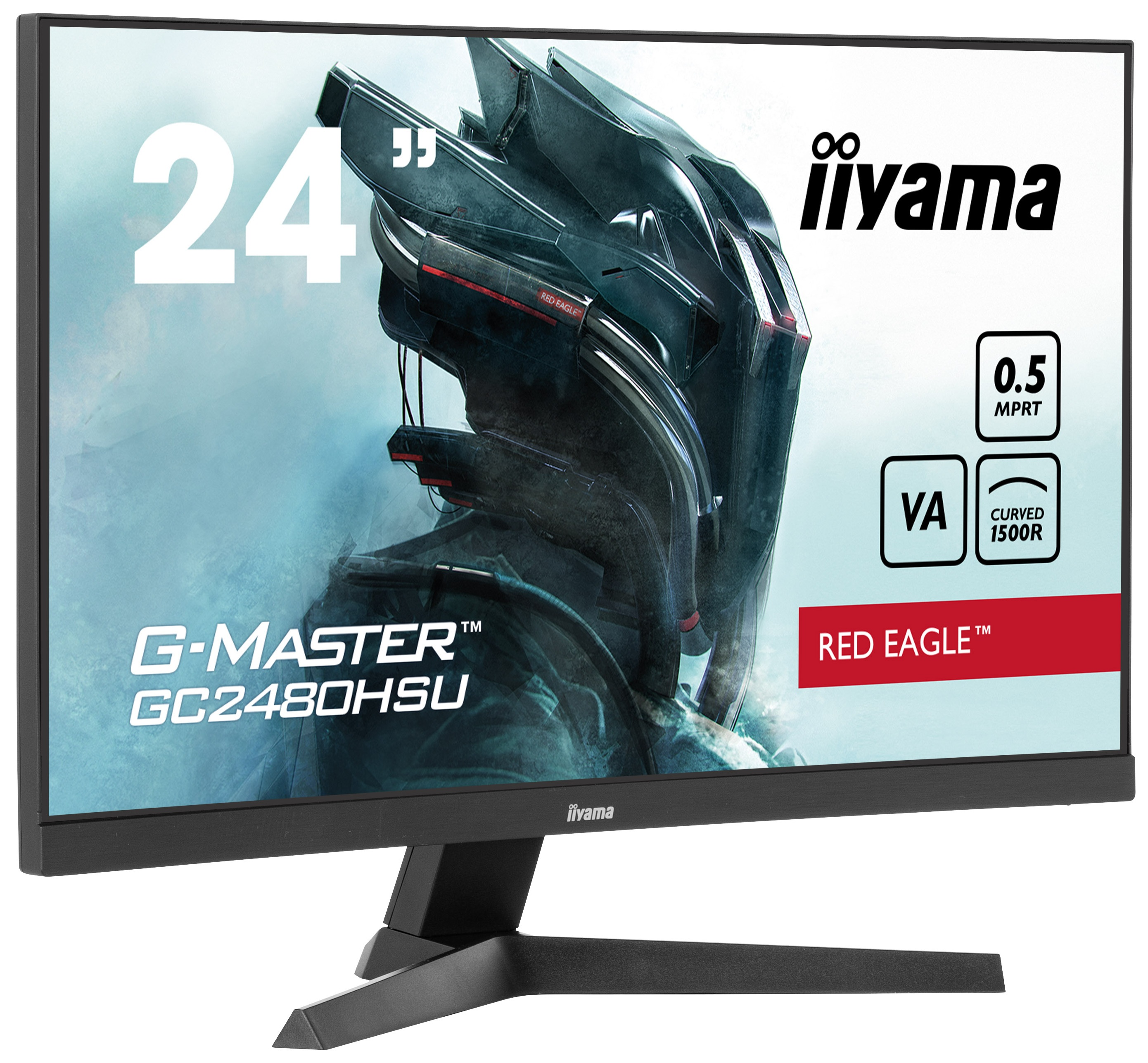 Czarny monitor z futurystycznym designem hełmu i logo iiyama.