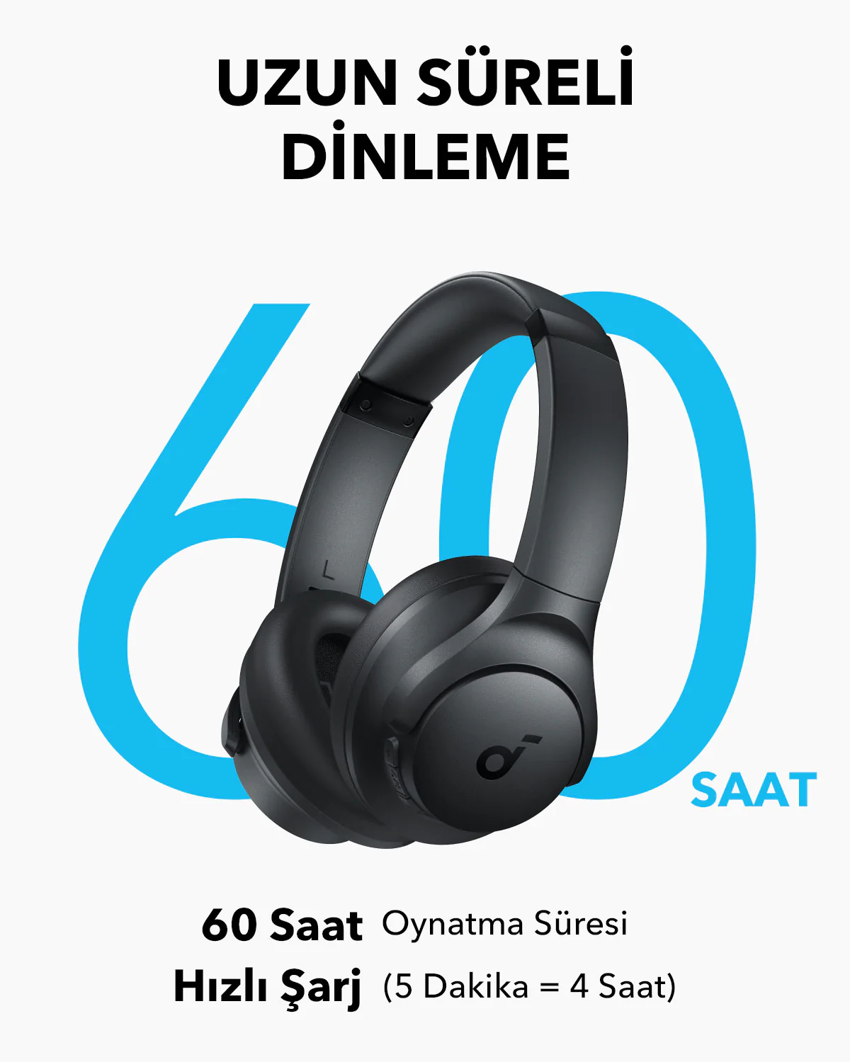 Siyah kulaklıklar, 60 saatlik oynatma süresi ve hızlı şarj ayrıntılarını gösteren metinle.
