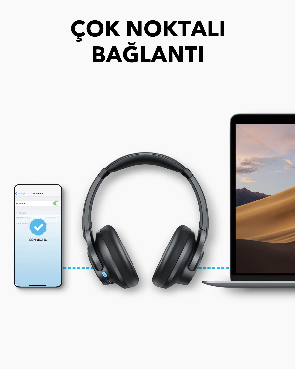 Telefona ve dizüstü bilgisayara bağlı kulaklıklar. Metin: Çok Noktalı Bağlantı.