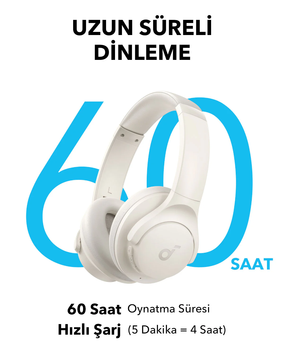 Mavi '60' ve metinli beyaz kulaklık: uzun dinleme, 60 saat oynatma, hızlı şarj.