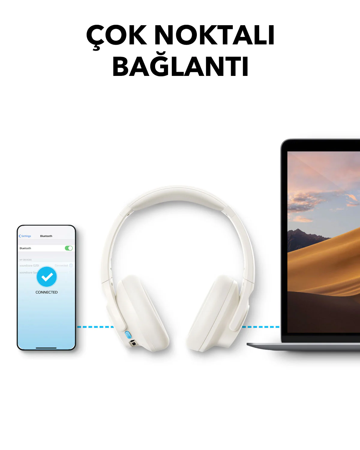 Akıllı telefon ve dizüstü bilgisayara bağlı beyaz kulaklıklar. Telefon 'bağlandı' diyor.