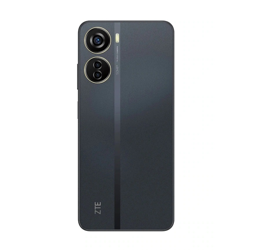 Siyah bir ZTE akıllı telefon. Çift kameralara ve ZTE logosuna sahip.